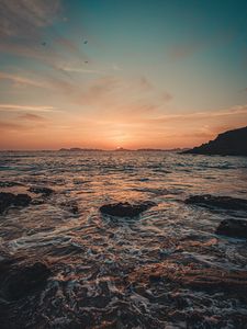 Preview wallpaper sunset, sea, water, rocks, nature
