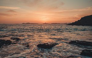 Preview wallpaper sunset, sea, water, rocks, nature