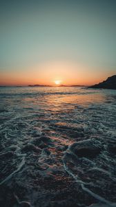 Preview wallpaper sunset, sea, waves, dusk