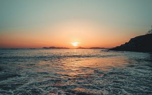 Preview wallpaper sunset, sea, waves, dusk
