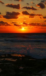 Preview wallpaper sunset, sea, waves, dusk, evening