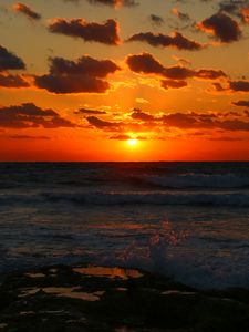 Preview wallpaper sunset, sea, waves, dusk, evening