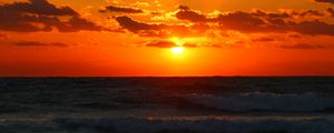 Preview wallpaper sunset, sea, waves, dusk, evening