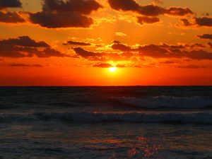 Preview wallpaper sunset, sea, waves, dusk, evening