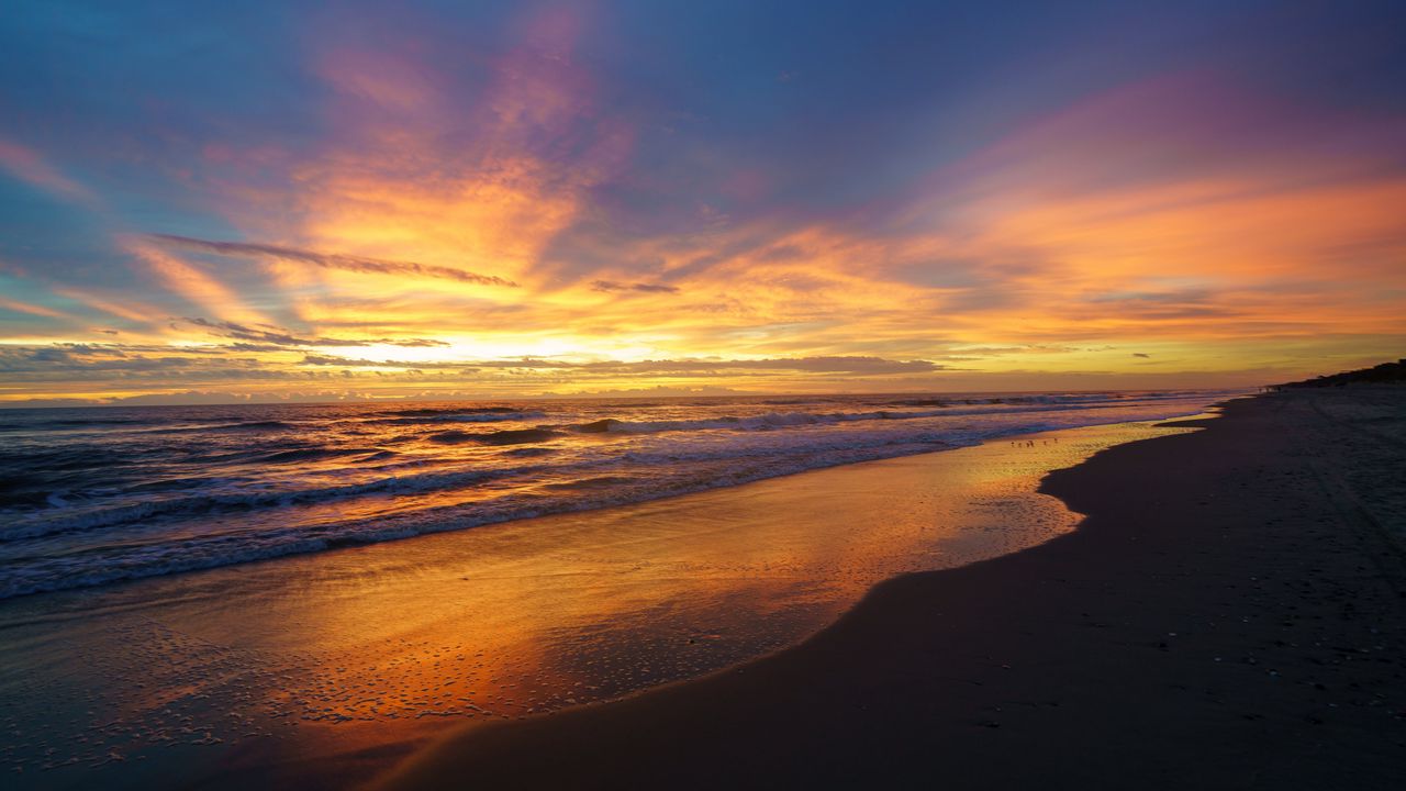 Wallpaper sunset, sea, waves, beach, dusk