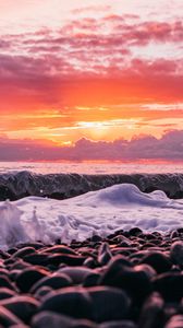 Preview wallpaper sunset, sea, waves, shore, pebbles