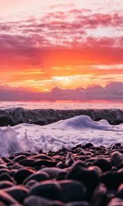 Preview wallpaper sunset, sea, waves, shore, pebbles