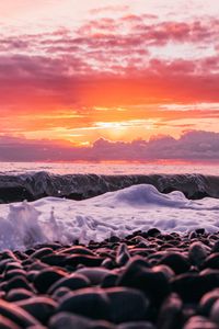 Preview wallpaper sunset, sea, waves, shore, pebbles