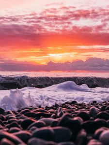 Preview wallpaper sunset, sea, waves, shore, pebbles