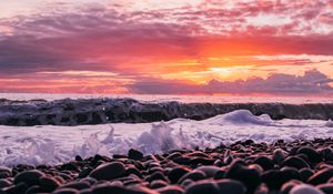 Preview wallpaper sunset, sea, waves, shore, pebbles
