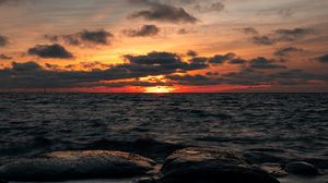 Preview wallpaper sunset, sea, waves, shore, dusk
