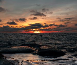 Preview wallpaper sunset, sea, waves, shore, dusk
