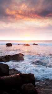 Preview wallpaper sunset, sea, waves, stones, landscape