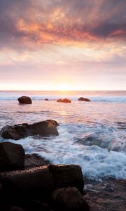 Preview wallpaper sunset, sea, waves, stones, landscape