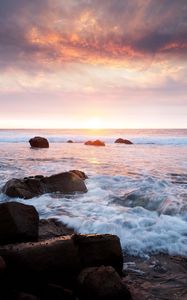 Preview wallpaper sunset, sea, waves, stones, landscape