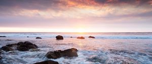 Preview wallpaper sunset, sea, waves, stones, landscape