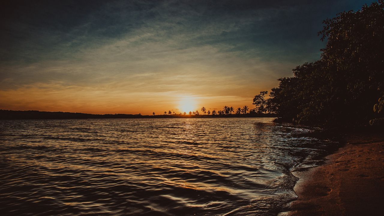 Wallpaper sunset, shore, ripples, night, horizon