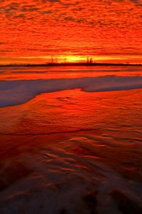 Preview wallpaper sunset, shore, snow, horizon, fiery