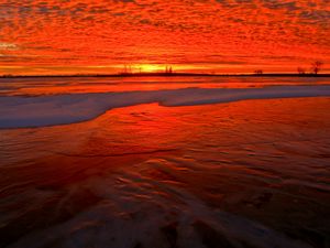 Preview wallpaper sunset, shore, snow, horizon, fiery