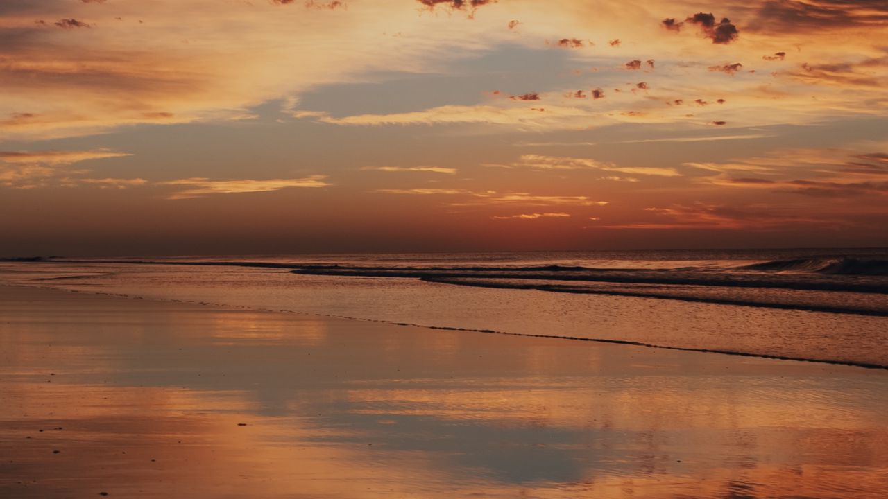 Wallpaper sunset, shore, water, reflection, landscape