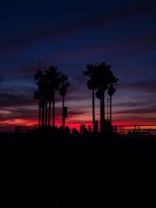 Preview wallpaper sunset, silhouettes, palm trees, people, tropics, sky