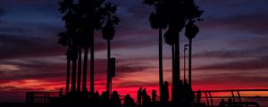 Preview wallpaper sunset, silhouettes, palm trees, people, tropics, sky