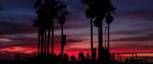 Preview wallpaper sunset, silhouettes, palm trees, people, tropics, sky