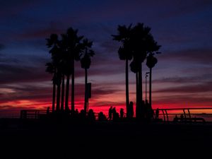 Preview wallpaper sunset, silhouettes, palm trees, people, tropics, sky