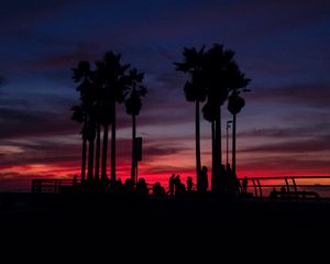 Preview wallpaper sunset, silhouettes, palm trees, people, tropics, sky