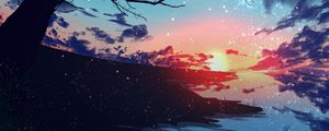 Preview wallpaper sunset, sky, branches, tree, particles, art