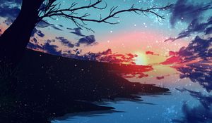 Preview wallpaper sunset, sky, branches, tree, particles, art