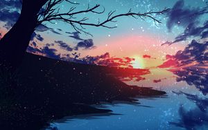 Preview wallpaper sunset, sky, branches, tree, particles, art