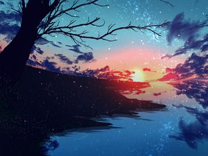 Preview wallpaper sunset, sky, branches, tree, particles, art