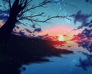 Preview wallpaper sunset, sky, branches, tree, particles, art