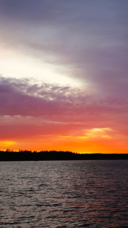 540x960 Wallpaper sunset, sky, clouds, horizon, lake, water, landscape, nature