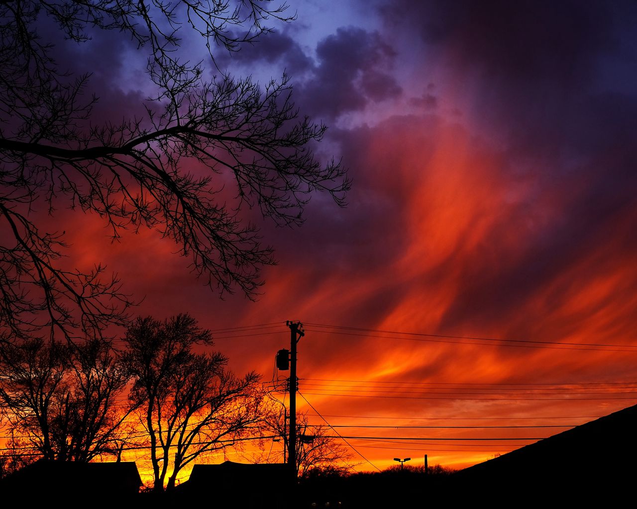 1280x1024 Wallpaper sunset, sky, clouds, silhouette, trees, wires, evening