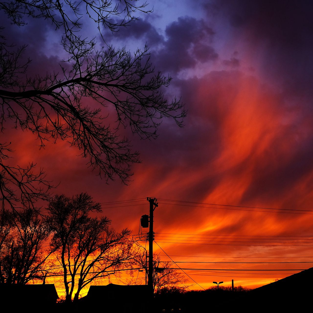 1280x1280 Wallpaper sunset, sky, clouds, silhouette, trees, wires, evening