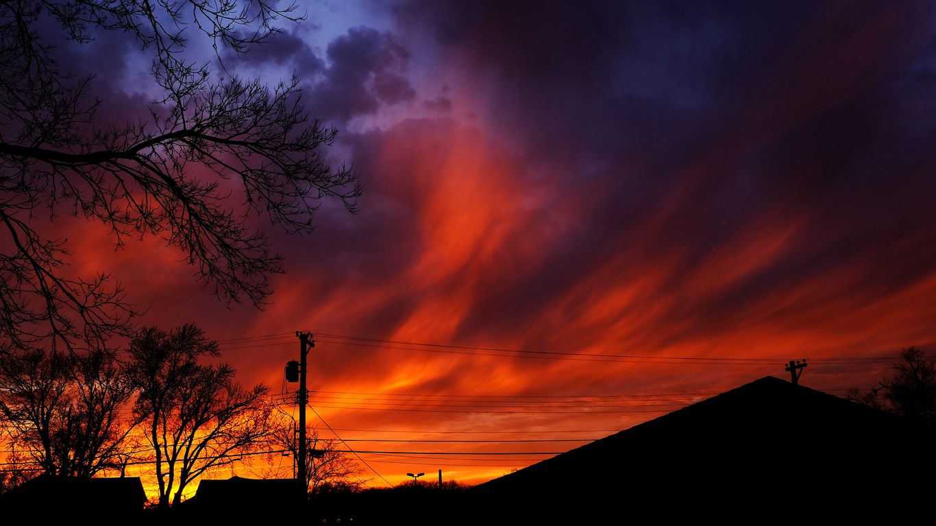 1366x768 Wallpaper sunset, sky, clouds, silhouette, trees, wires, evening