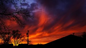 Preview wallpaper sunset, sky, clouds, silhouette, trees, wires, evening