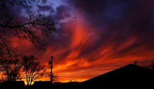 Preview wallpaper sunset, sky, clouds, silhouette, trees, wires, evening