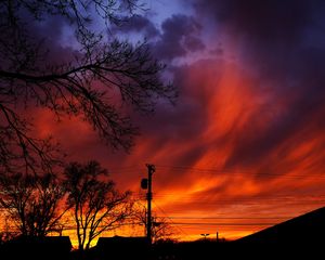 Preview wallpaper sunset, sky, clouds, silhouette, trees, wires, evening