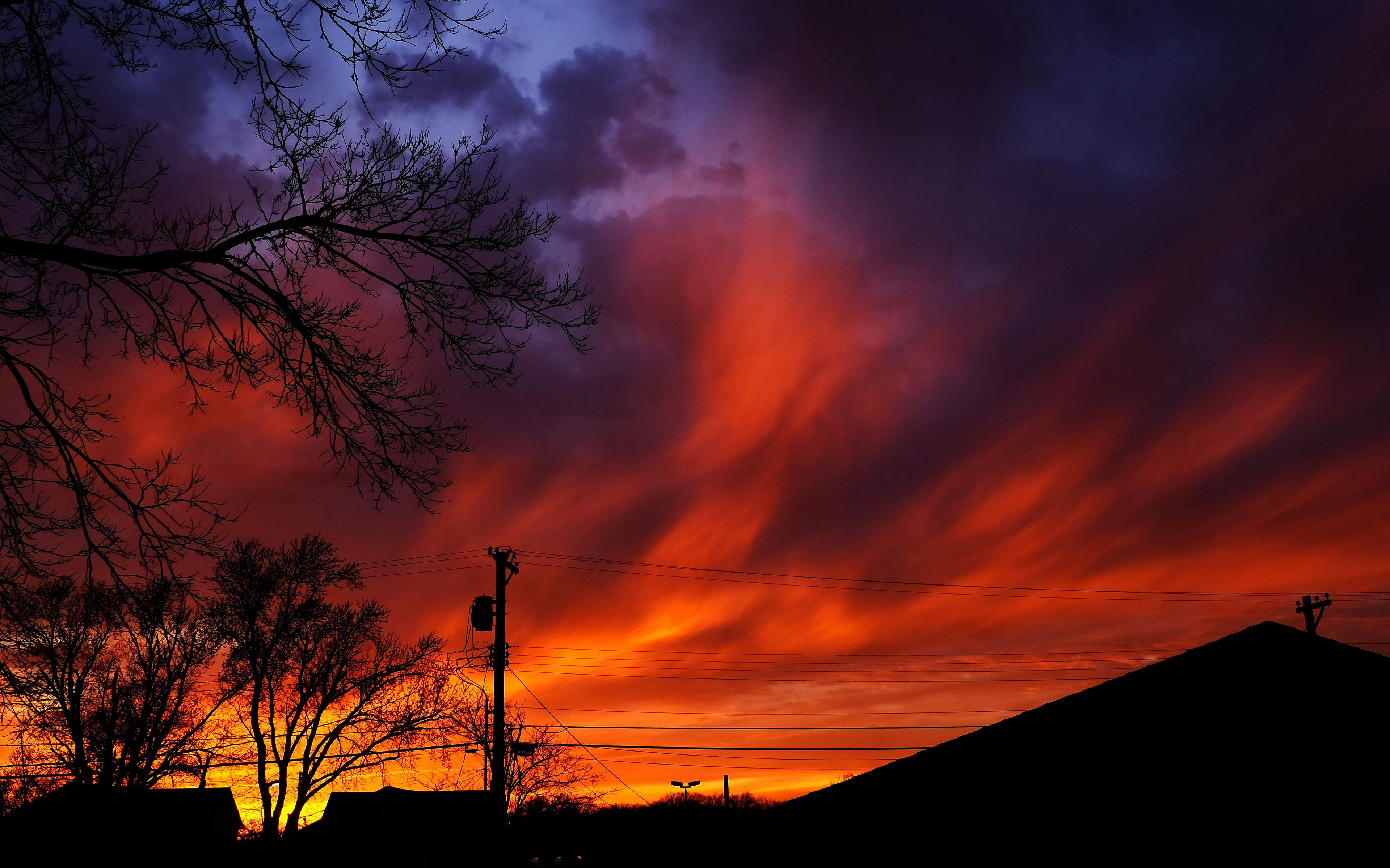 3840x2400 Wallpaper sunset, sky, clouds, silhouette, trees, wires, evening