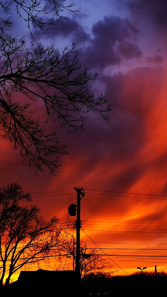 540x960 Wallpaper sunset, sky, clouds, silhouette, trees, wires, evening