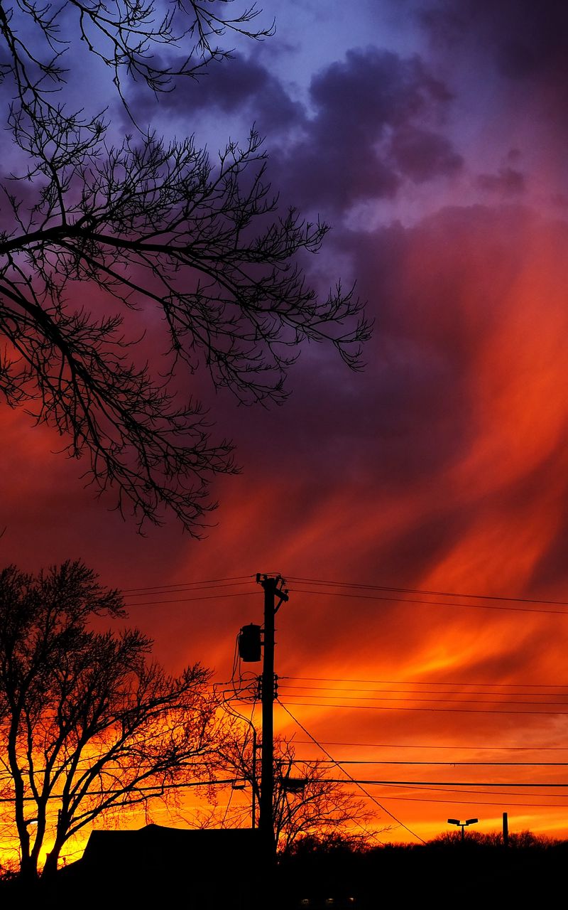 800x1280 Wallpaper sunset, sky, clouds, silhouette, trees, wires, evening