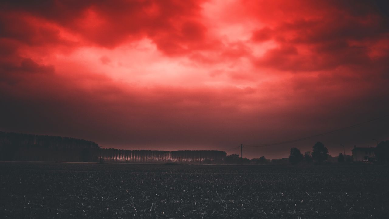 Wallpaper sunset, sky, horizon, field, clouds, red