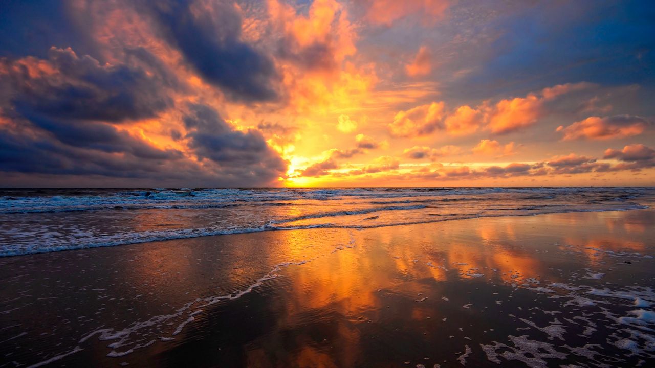 Wallpaper sunset, sky, sea, clouds, sand, wet, mirror, reflection