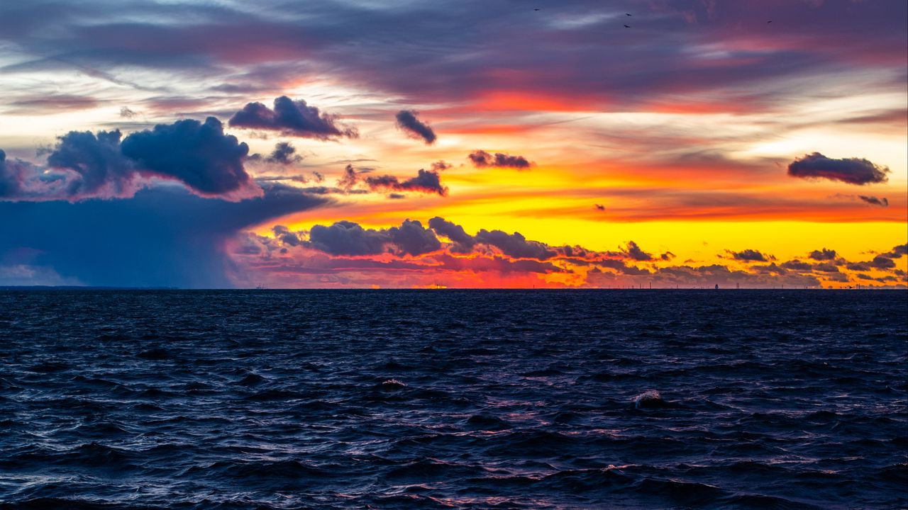 Wallpaper sunset, sky, waves, horizon