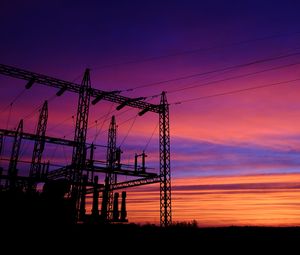 Preview wallpaper sunset, sky, wires, lines, pillars