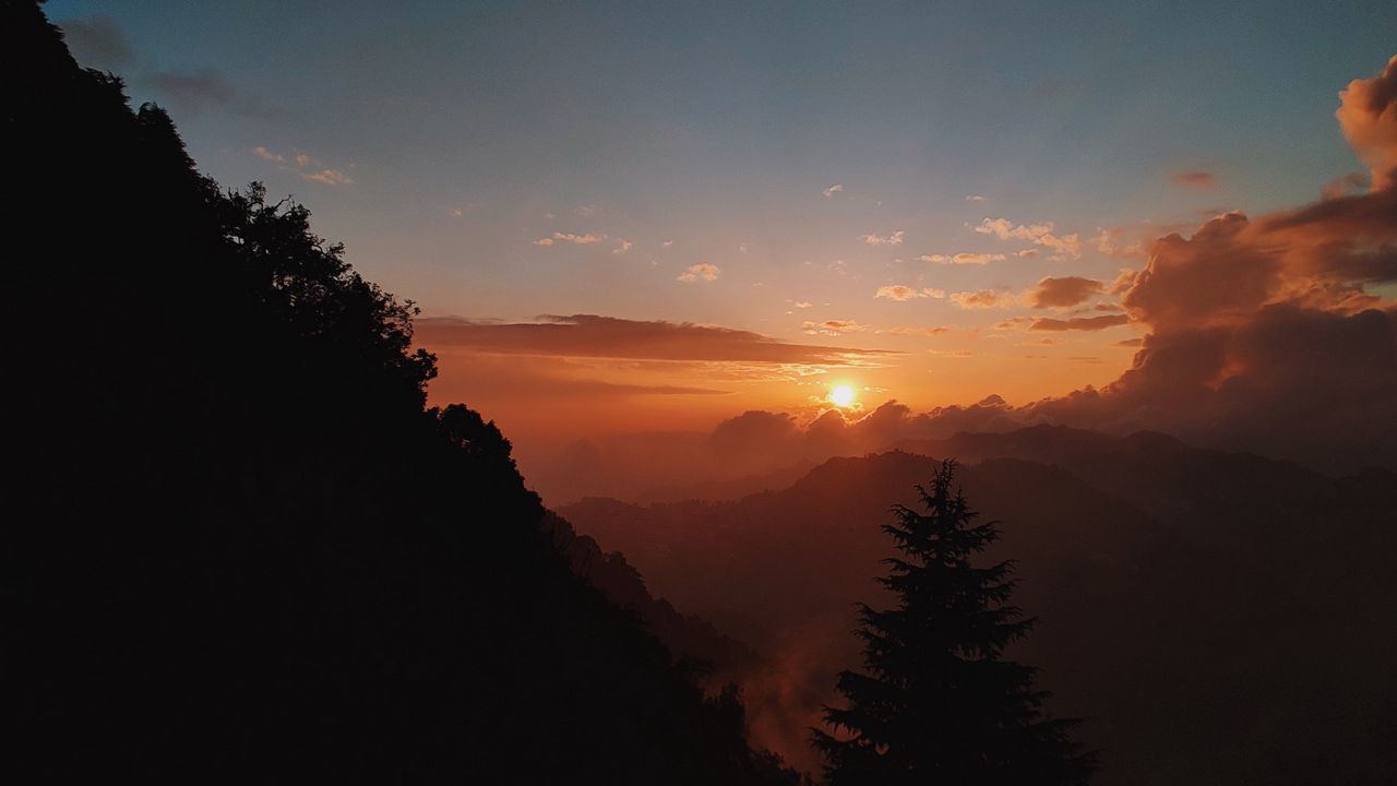 Wallpaper sunset, slope, fog, forest