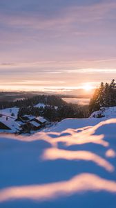 Preview wallpaper sunset, snow, houses, mountains, winter, landscape